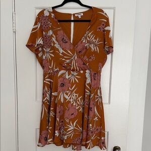 Express Floral V-Neck Mini Dress in Orange and Pink